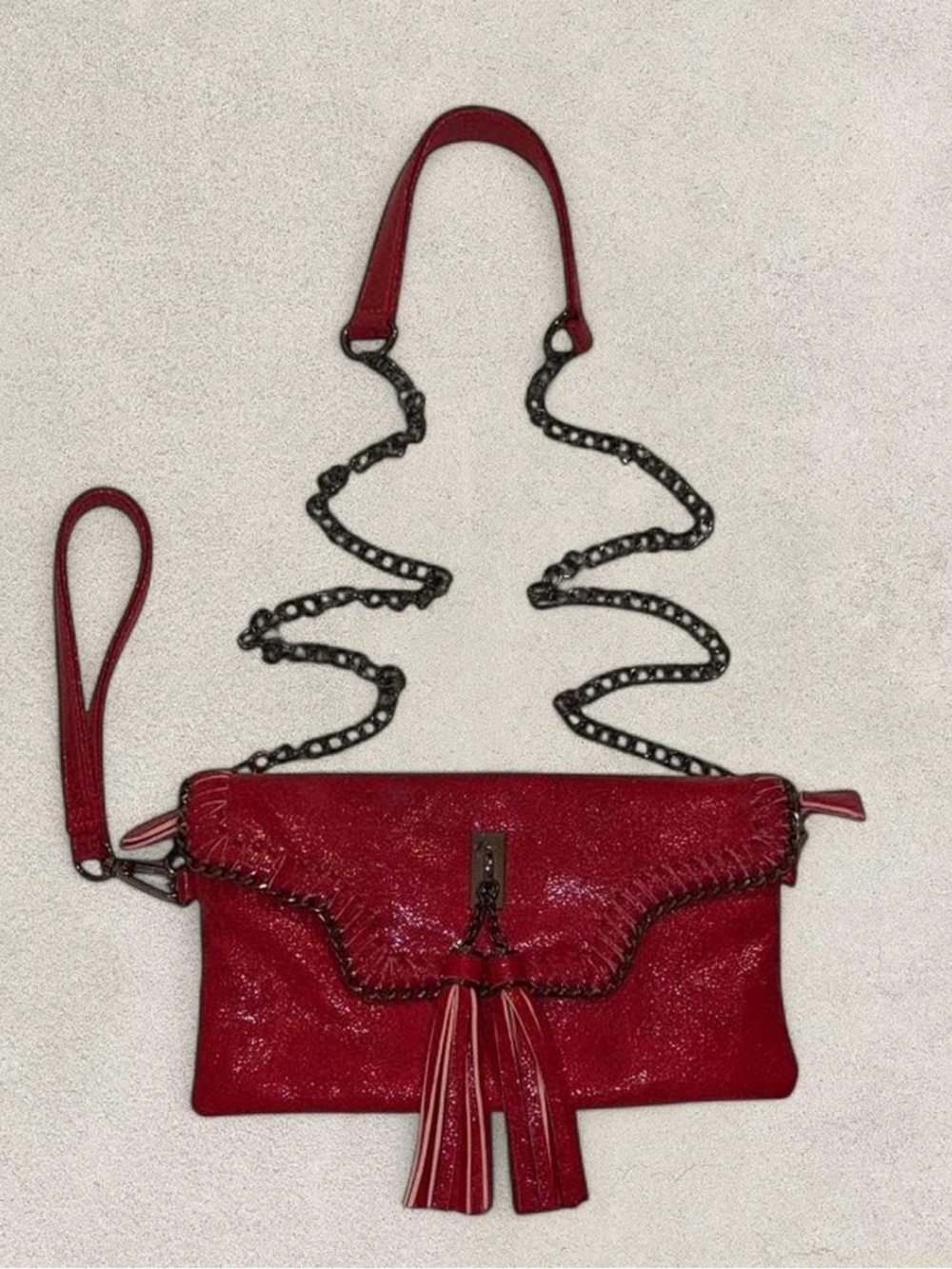 Sondra Roberts Red Crossbody Bag/Clutch Detachable Chain Strap & Tassel Wristlet